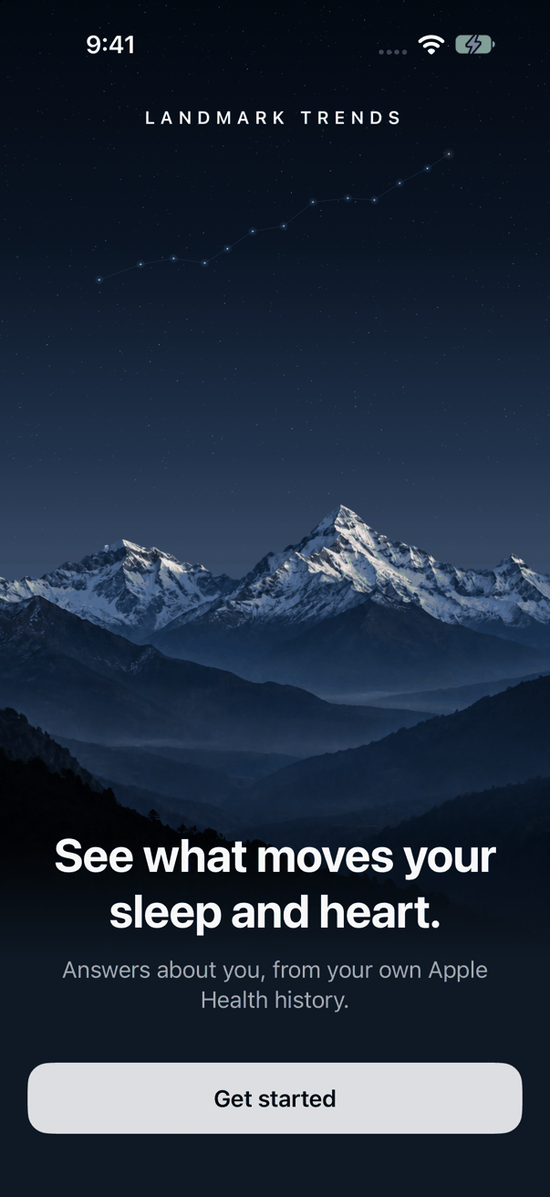 Landmark Trends welcome screen with a night sky and mountain artwork